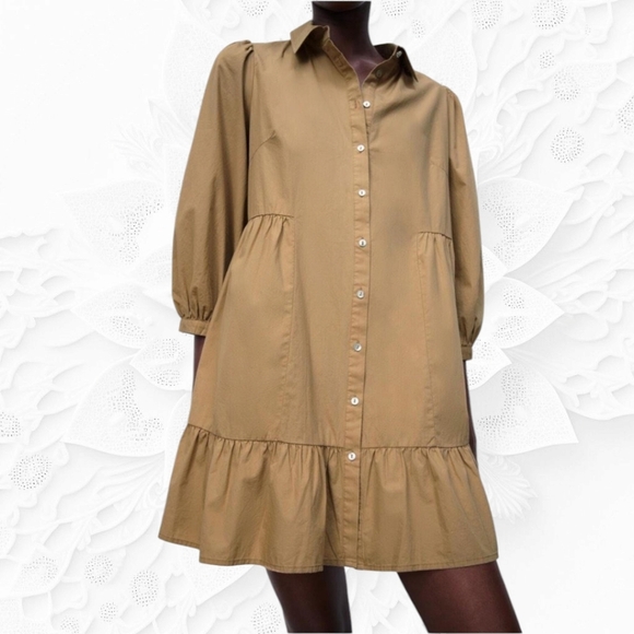 Zara Tan Collared Dress With Buttons Down Front - Picture 8 of 11